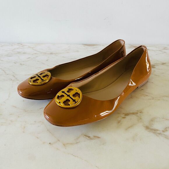 TORY BURCH Brown Patent Leather Ballerina Flats Gold Logo - US 7.5 - Picture 1 of 9